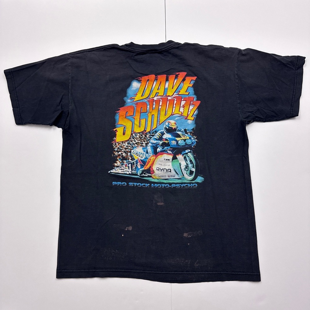 Vintage 90s Dave Schultz Pro Stock Motorcycle Drag Racing NHRA Thrashed T Shirt